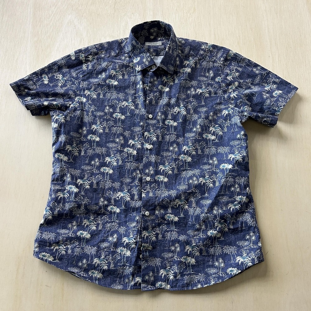 Y2K Antica Camiceria Shirt Mens Large Blue Tropical Palm Short Sleeve Button Up